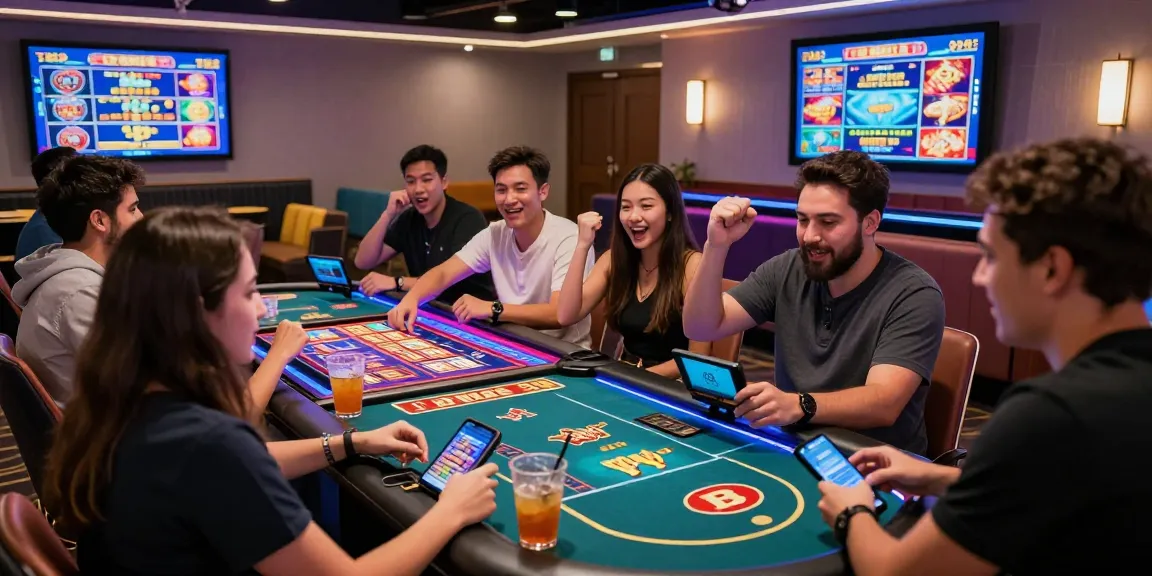 Exciting gaming atmosphere at OPEN888 with friends enjoying diverse casino games in a vibrant setting.