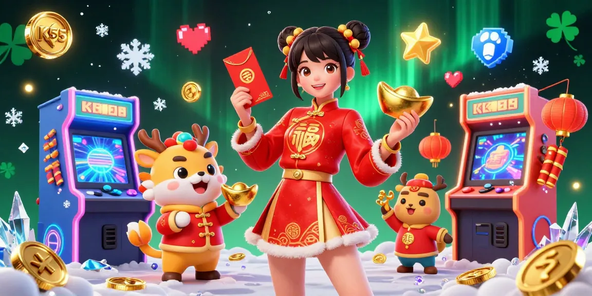 Engage with KK55's vibrant casino atmosphere featuring Asian woman, zodiac character, and festive elements.