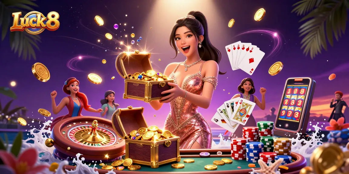Luck 8 casino illustration showing a joyful woman revealing treasures with dynamic gambling elements.