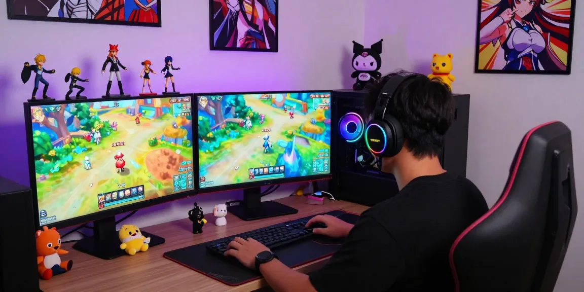 Gamer playing an ecchi game on dual monitors with vibrant anime graphics