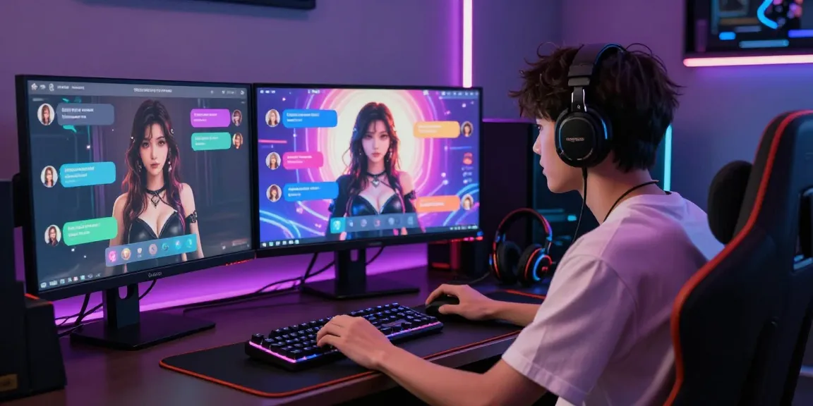 User enjoying interactive hentai AI chat in a high-tech setup with vibrant screens and ambient lighting.