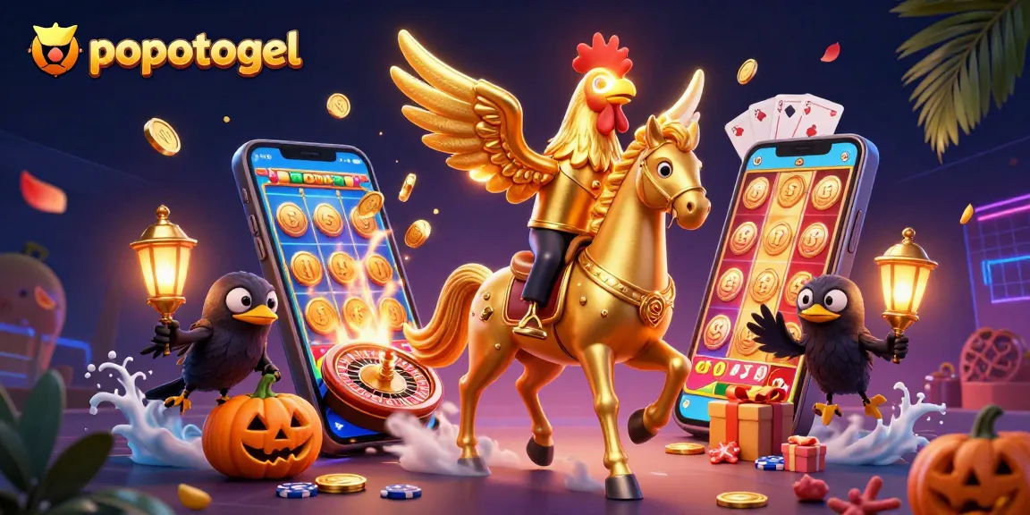 Experience the thrill of popotogel with a vibrant casino scene featuring dynamic characters and gaming elements.