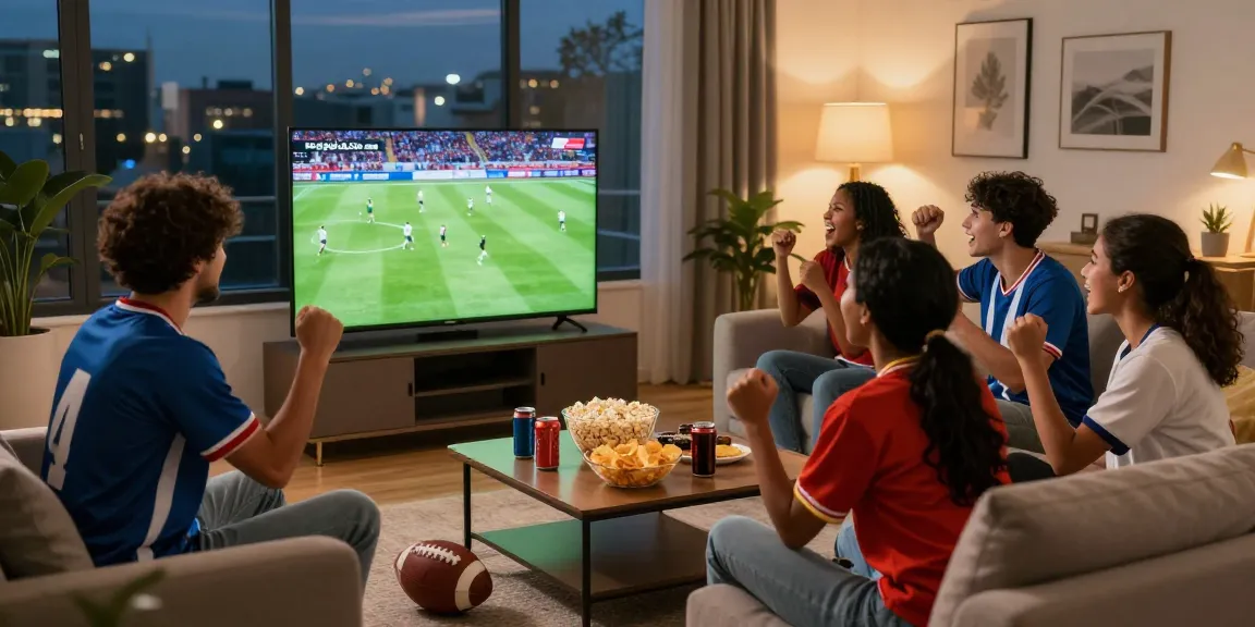 Friends enjoying مباريات اليوم live in a cozy living room with snacks and excitement.