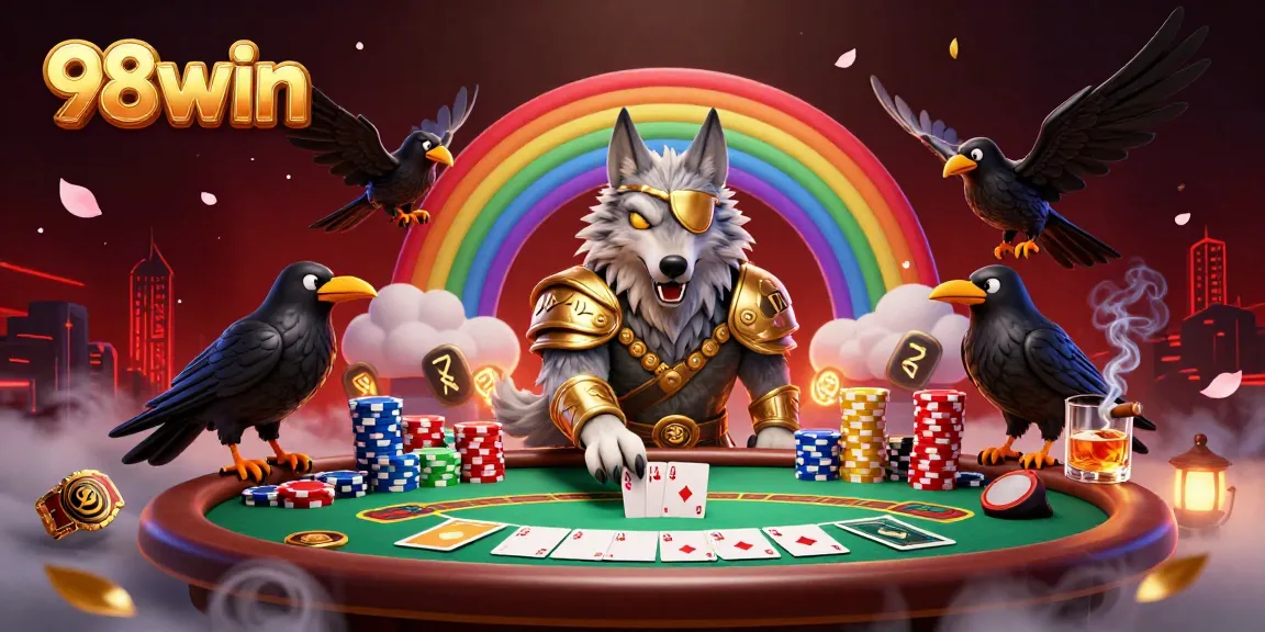 Experience the vibrant atmosphere of 98win where Odin, ravens, and poker collide in a stunning casino scene.